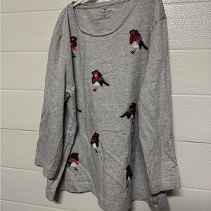 Talbots Gray Top with Red and Black Bird Design